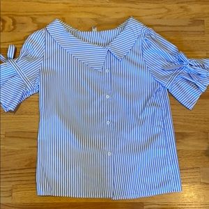 Asymmetrical collar stripe button up blouse